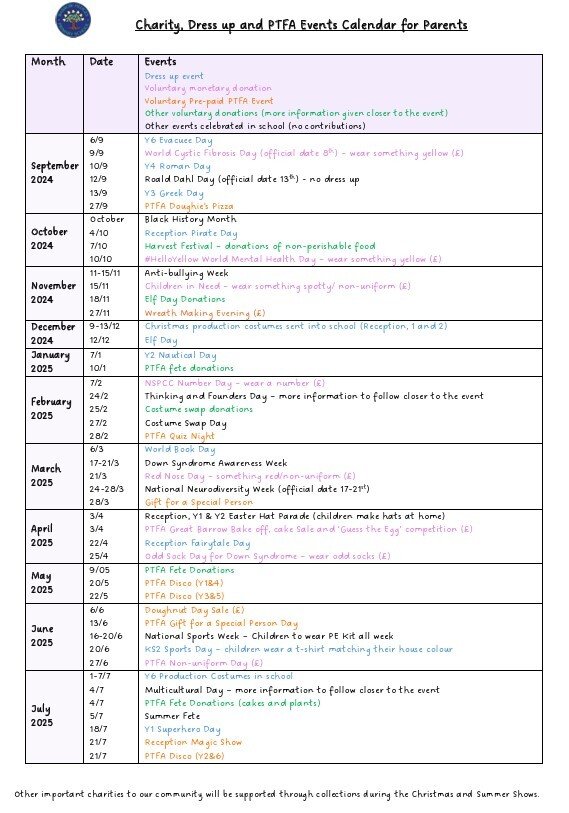 PTFA Charity Events 2024 2025